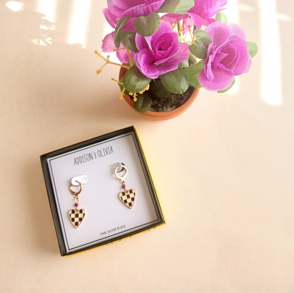 Addison & Olivia Checkered Heart Dangle Earrings Fine Silver Plate